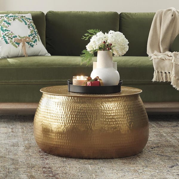 Home Decorators Collection Calluna 30 in. Gold Round Metal Coffee Table with Lift Top Storage