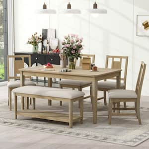 6-Piece Rectangular Natural Wood Wash Wood Top Dining Table Set and 4 Cushioned Chairs and Bench