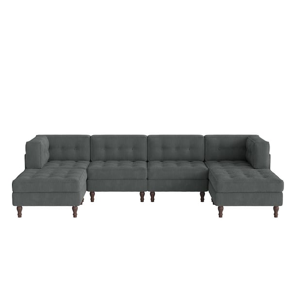 130.8 in. Square Arm 6-piece Corduroy U-Shaped Sectional Sofa in Gray