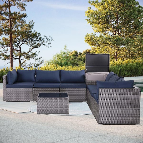 Zeus & Ruta 8-Piece Modern Rattan Wicker Garden Outdoor Sectional Set with Navy Blue Cushions and Glass Table for Patio, Garden