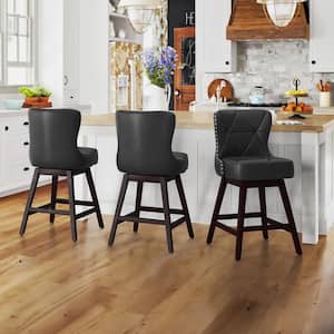 Hampton 26 in. Black Solid Wood Frame Counter Stool with Back Faux Leather Upholstered Swivel Bar Stool Set of 3
