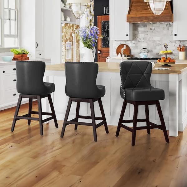 OrangeOne Hampton 26 in. Black Solid Wood Frame Counter Stool with Back Faux Leather Upholstered Swivel Bar Stool Set of 3