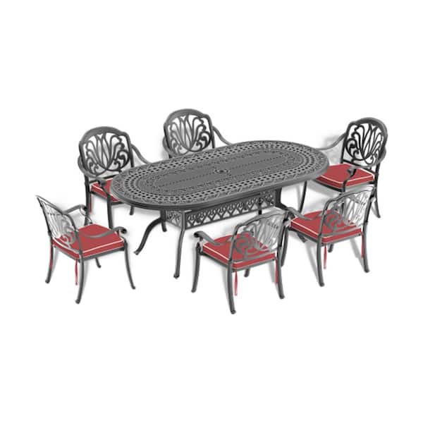 Misopily 7-Piece Cast Aluminum Black Outdoor Dining Set with Random Colors Cushions and Umbrella Hole