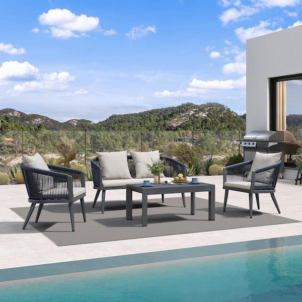 PURPLE LEAF 4-Piece Aluminum All-Weather Wicker Patio Conversation Set with Thick Sofa Cushions, Grey