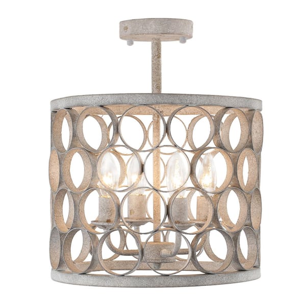 Farmhouse 13.4 in. 4-Light Distressed White Cage Semi-Flush Mount Ceiling Light Fixtures for Bedroom Entryway
