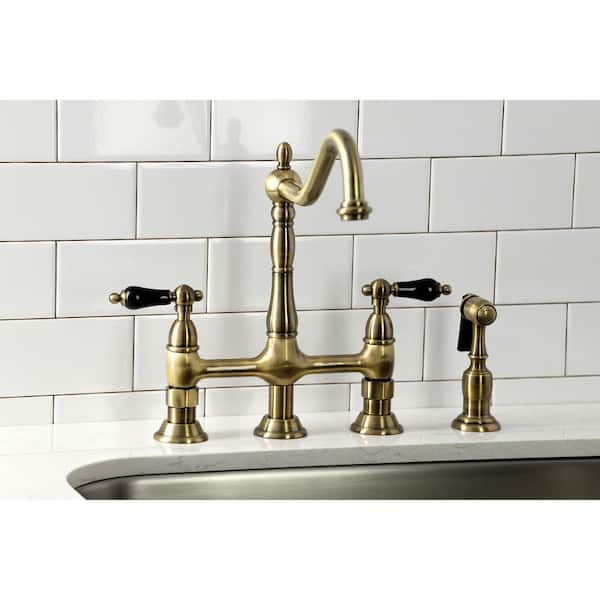 Reviews For Kingston Brass Duchess 2 Handle Bridge Kitchen Faucet With Side Sprayer In Antique Brass Hks1273pklbs The Home Depot