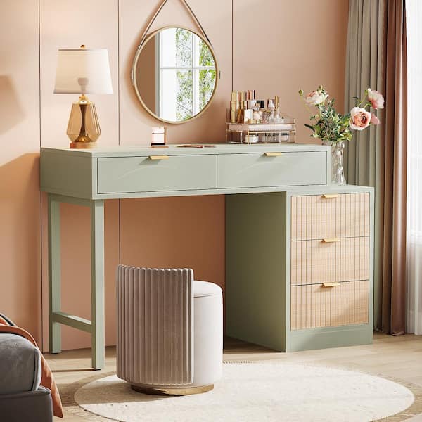 Green Makeup Vanity Table with 5-Drawers, Small Corner Dressing Table for Bedroom