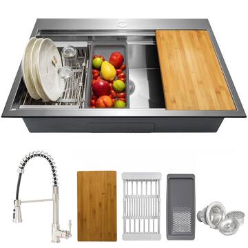 Handmade All-in-One Topmount Stainless Steel 33 in. x 22 in. Single Bowl Kitchen Sink w/ Spring Neck Faucet, Accessory