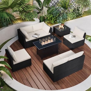 8-Piece Black Wicker Patio Conversation Set with 43 in. Outdoor Fire Pit Table, Coffee Table and Beige Cushions
