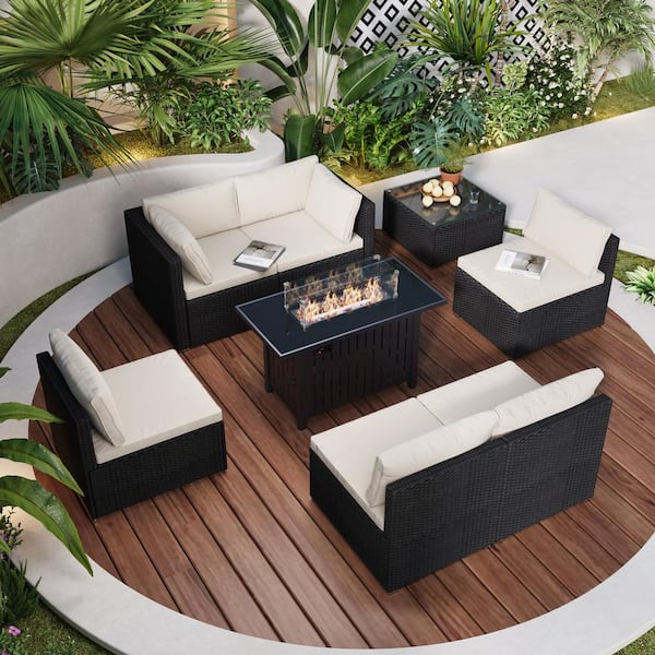 LQOFZ 8-Piece Black Wicker Patio Conversation Set with 43 in. Outdoor Fire Pit Table, Coffee Table and Beige Cushions
