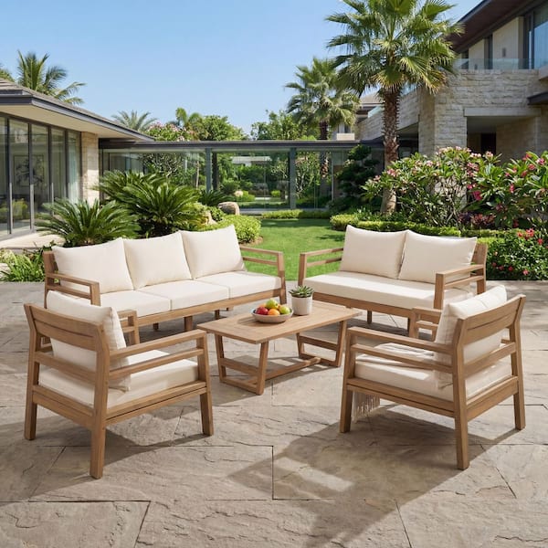 Emma Outdoor Light Teak 5-Piece Solid Wood Patio Conversation Set with Beige Cushions, Coffee Table