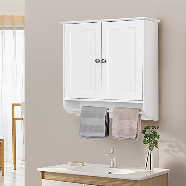 Costway 24 in. W x 24 in. H White Wall Surface Mounted Bathroom Medicine Cabinet without Mirror Storage Cupboard w/Towel Bar