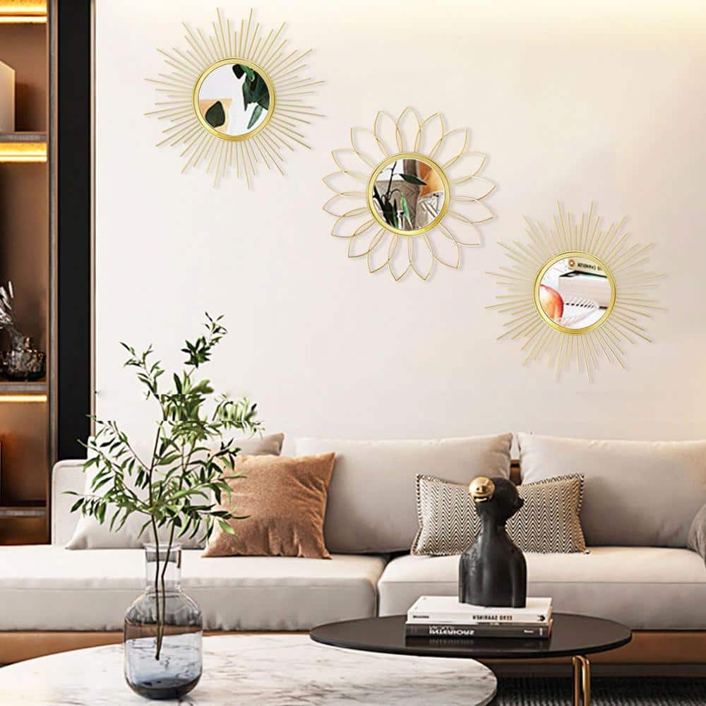 Gold Sunburst Round Metal Wall Mirrors, Set of 3