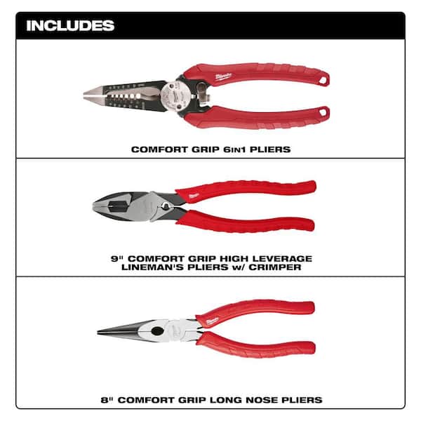 7.75 in. Combination 6-in-1 Wire Strippers Pliers with Lineman's Pliers with Crimper and Long Nose Pliers Set (3-Piece)