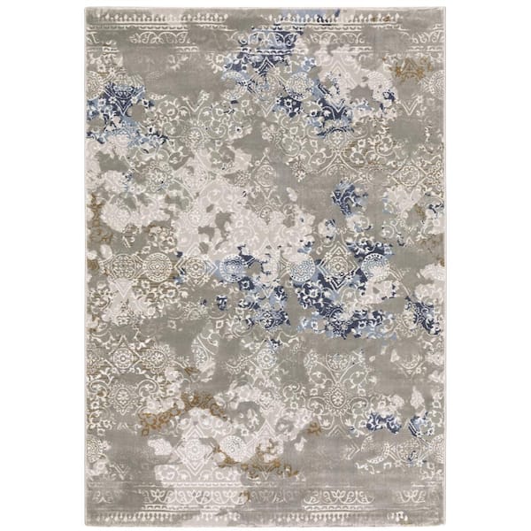 AVERLEY HOME Emory Gray/Blue 8 ft. x 11 ft. Distressed Abstract Oriental Polypropylene Polyester Blend Indoor Area Rug