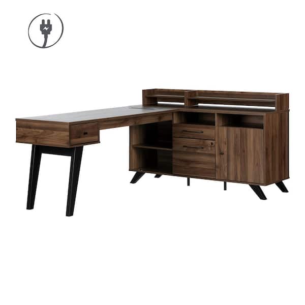 South Shore Helsy 78 in. L-Shaped Natural Walnut Particle Board 3-Drawer Desk With Power Bar and Removable Hutch