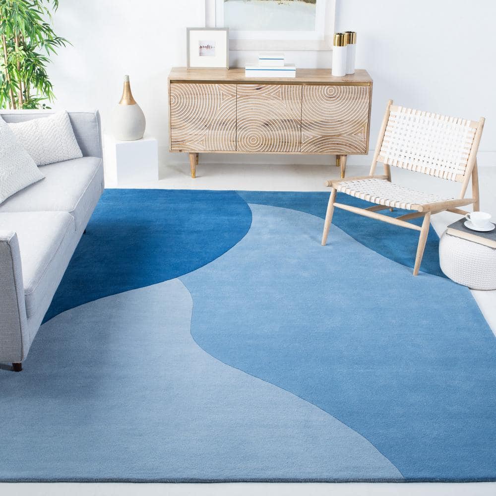 Artisan Tufted Blue Abstract Wool Rectangular Rug 10' x 14'