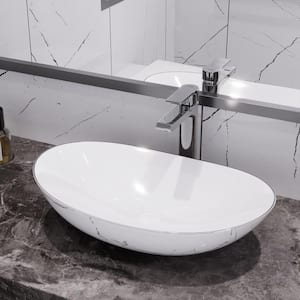 20.47 in. Ceramic Marbled Oval Bathroom Vessel Sink in White with Black Edges Vanity Sink, Faucet Not Included