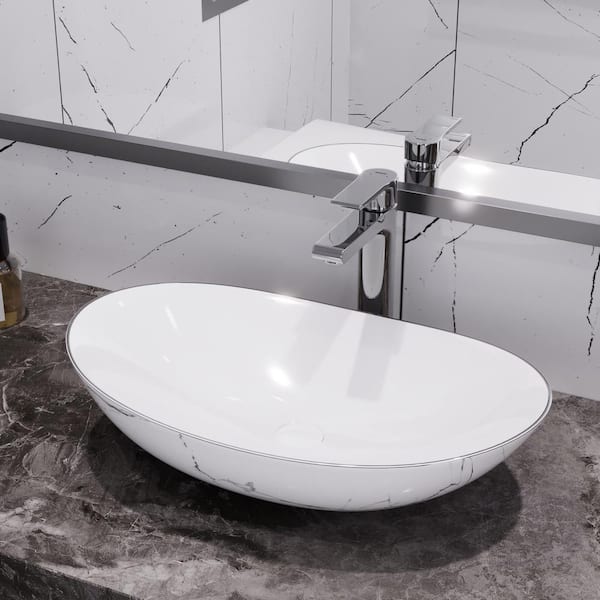 DEERVALLEY 20.47 in. Ceramic Marbled Oval Bathroom Vessel Sink in White with Black Edges Vanity Sink, Faucet Not Included