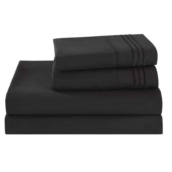 S4PCS 4-Pieces Embroidery Black Polyester Full Size Cooling Bed Sheets Set
