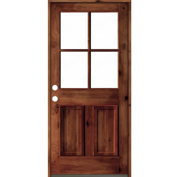 Krosswood Doors 36 in. x 80 in. Knotty Alder Right-Hand/Inswing 4-Lite Clear Glass Red Chestnut Stain Wood Prehung Front Door
