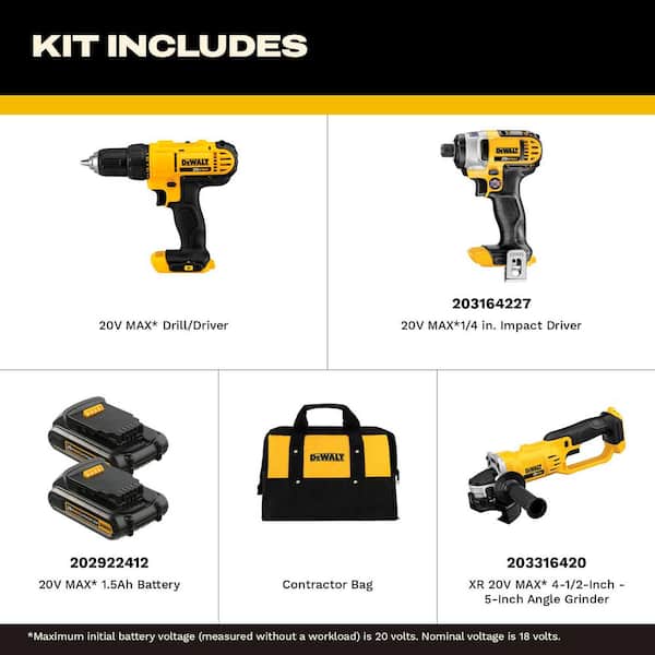 20V MAX Lithium-Ion Cordless Drill/Driver 2 Tool Combo Kit, 20V MAX 4.5-5 in. Grinder, and (2) 20V MAX 1.3Ah Batteries
