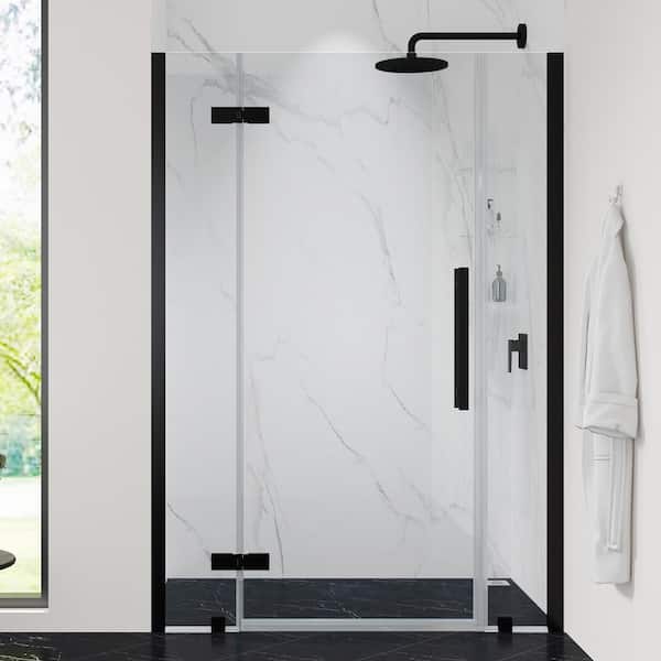 OVE Decors Tampa 52 1/16 in. W x 72 in. H Pivot Frameless Shower Door in Black With Shelves