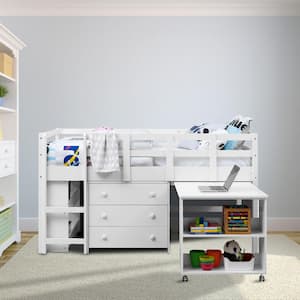 White Twin Loft Bed with Desk, Low Study Kids Loft Bed, Low Loft Bed with Desk, Storage Cabinet, Ladder, Bookcase Shelf