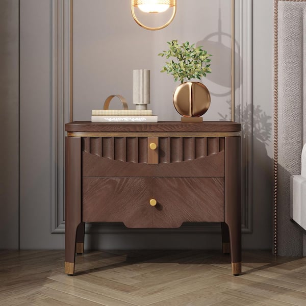 Dillon Modern Brown 2 Drawers Wooden Nightstand with Metal Button Handle, Tapered Legs, Wave Design