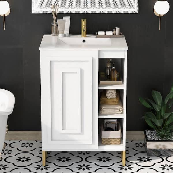 24inch White Bathroom Vanity Sink Combo for Small Space Modern Design with Ceramic Basin Gold Legs and Semi-open Storage