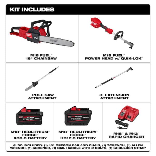 M18 FUEL 16 in. 18V Brushless Cordless Battery Powered Chainsaw w/ Pole Saw, 12.0 Ah & 8.0 Ah FORGE Battery, Charger