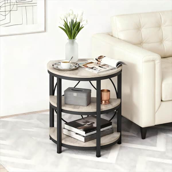 26 in. H 3-Tier Gray Wood Half Round End Table, Industrial Narrow Side Table with Metal Frame for Bedroom, Living Room