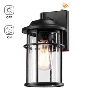 12 in. Matte Black Hardwired Dusk to Dawn Outdoor Wall Lantern Sconce Sensor with Seeded Glass Shade