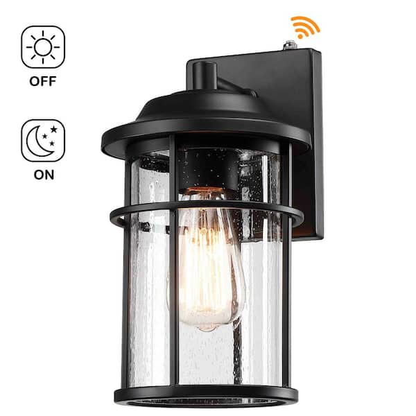 Uixe 12 in. Matte Black Hardwired Dusk to Dawn Outdoor Wall Lantern Sconce Sensor with Seeded Glass Shade