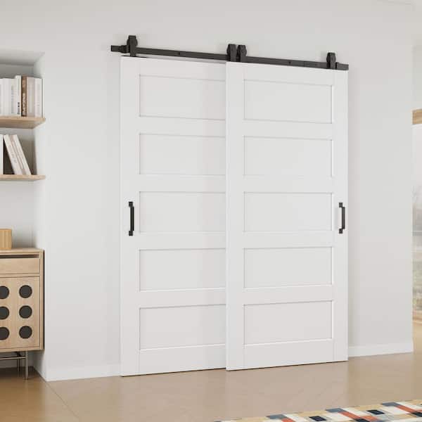 64 in. x 80 in. (Double 36 in.) Paneled 5-Lite White Primed Solid Core MDF Sliding Barn Door with Hardware Kit Bypass