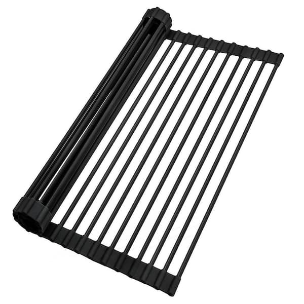 Black Over The Sink Multipurpose Foldable Silicone Wrapped Dish Rack Heat Resistant Space Saving 17.5 x 13 in.