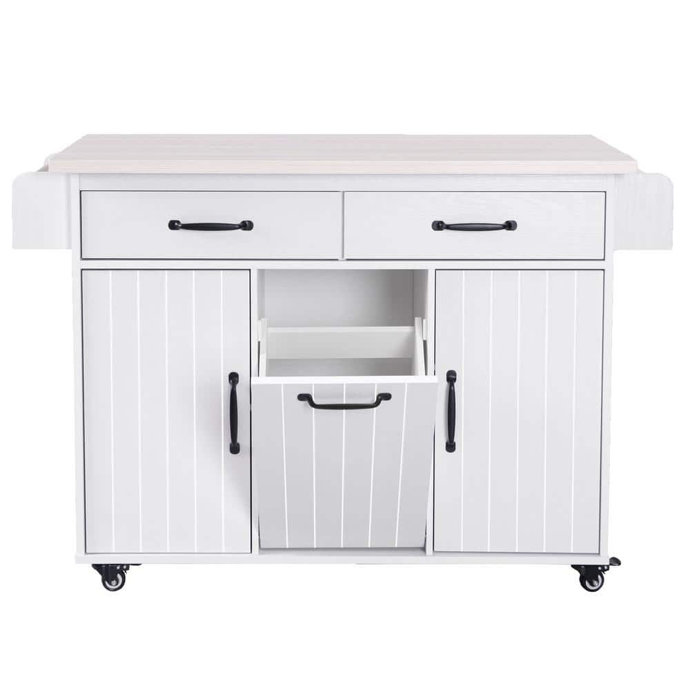 White Wood Countertop 51 in. Kitchen Island on 5 Wheels with Drop Leaf and 