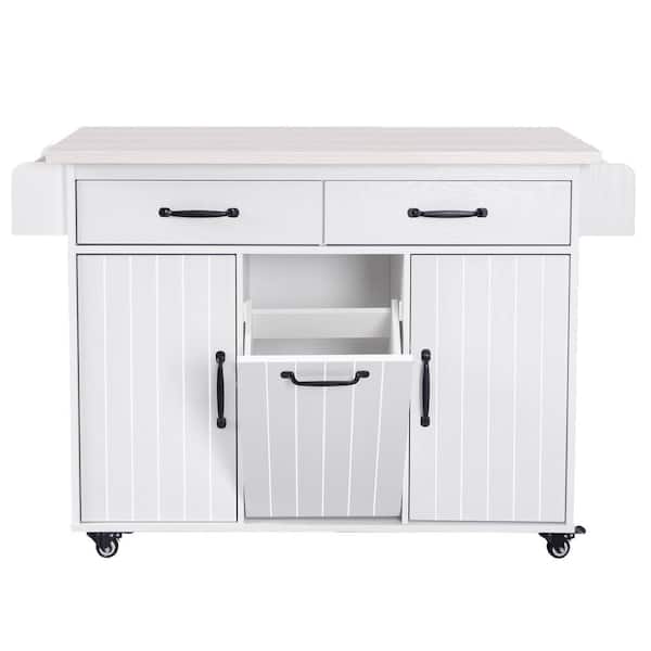 Unbranded White Wood Countertop 51 in. Kitchen Island on 5 Wheels with Drop Leaf and Trash Can Storage Cabinet