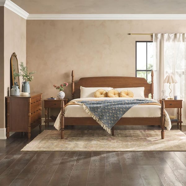 Modern Easy Assembly 4-piece Solid Wood Dark Brown 1-drawer Nightstands and 6-drawer Dresser with King Bed Bedroom Set