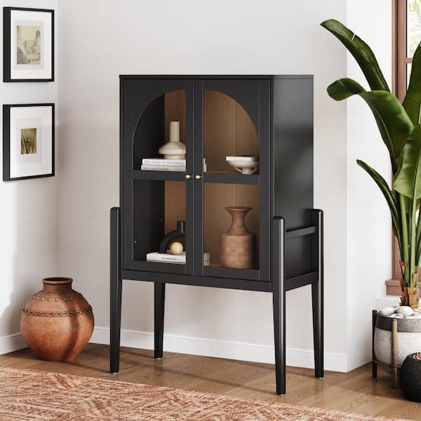 Nathan James Shadow Matte Black MDF 35 in. Sideboard Credenza with Tempered Glass Doors and Light Oak Interior