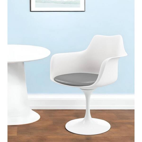 HomeRoots White Heavy Duty Plastic Swivel With Gray Faux Leather Cushion Arm Chair