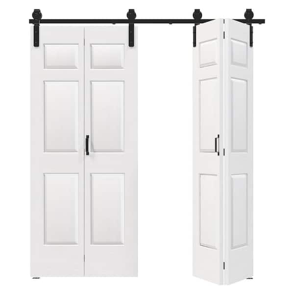 72 in. x 84 in. (Double 36 in. W Doors) White Finished, MDF, 6 Panel Bi-Fold Style Sliding Barn Door with Hardware Kit