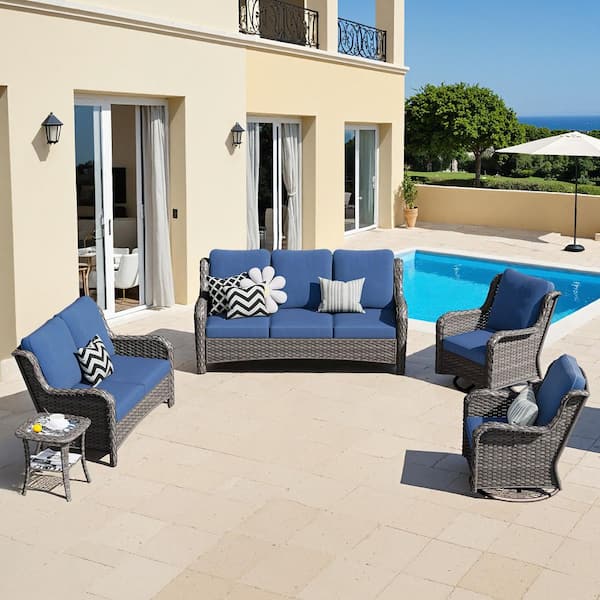 OVIOS Mercury Gray 5-Piece Wicker Patio Conversation Seating Set with Denim Blue Cushions