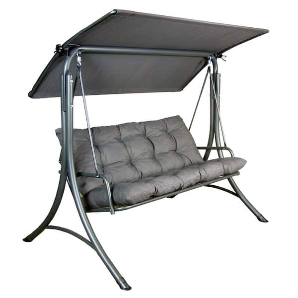 Made in Italy 3-Person Deluxe Outdoor Patio Steel Garden Swing with Adjustable Canopy and Cushions for Poolside, Grey