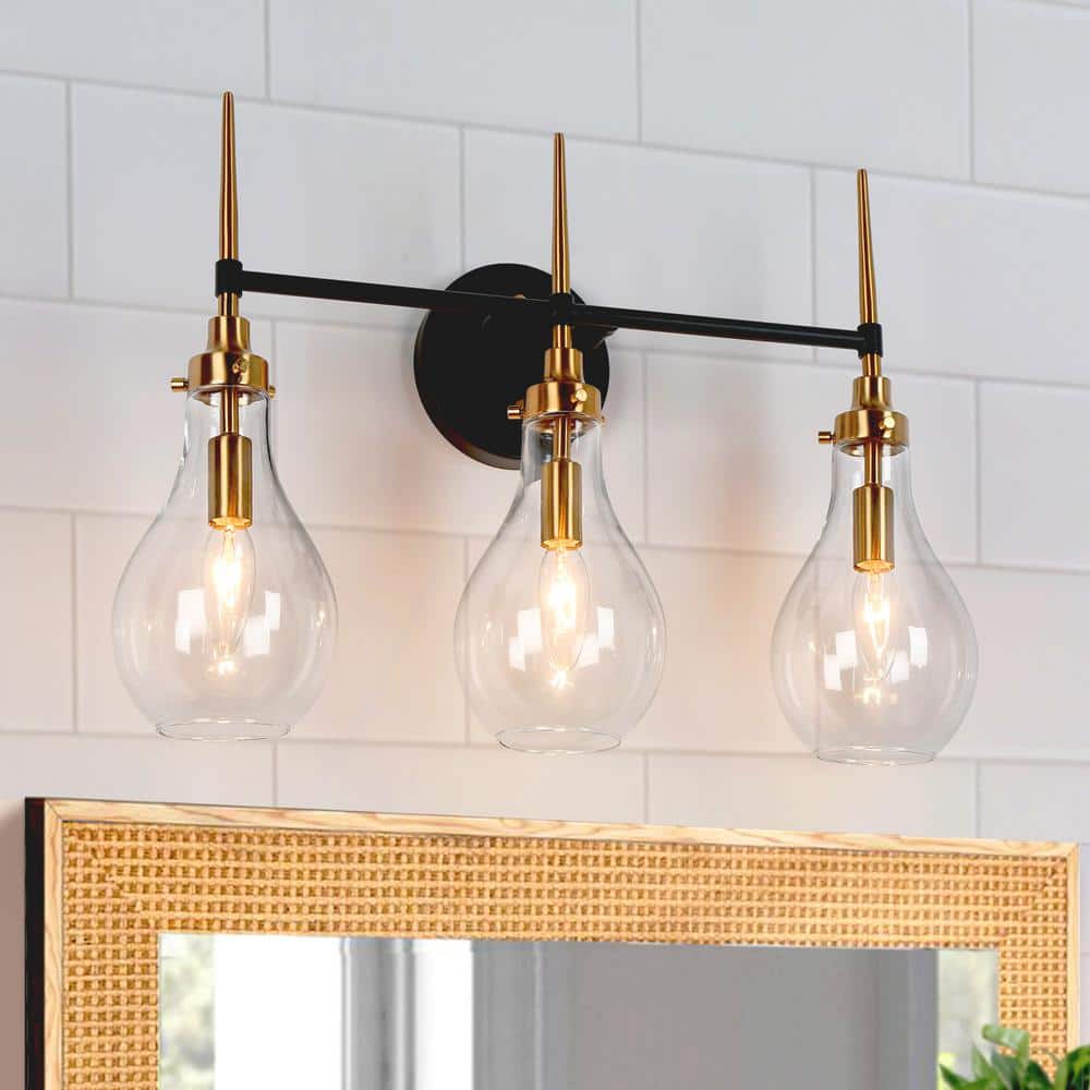 Modern Bathroom Teardrop Vanity Light 3-Light Black and Brass Wall Sconce Light with Clear Glass Shade price history on PriceWatchPro