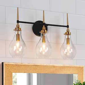 Modern Bathroom Teardrop Vanity Light 3-Light Black and Brass Wall Sconce Light with Clear Glass Shade