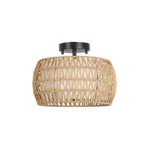 12.6 in. 3-Light Brown Woven Rattan Semi Flush Mount Ceiling Light with No Bulbs Included