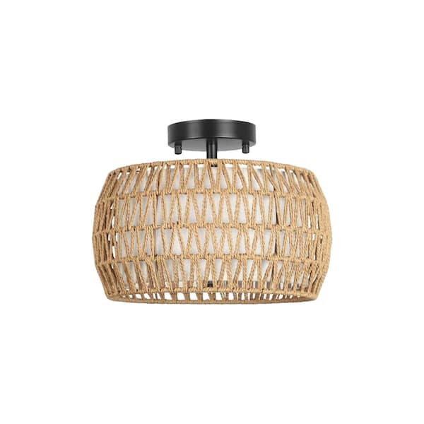 Amucolo 12.6 in. 3-Light Brown Woven Rattan Semi Flush Mount Ceiling Light with No Bulbs Included