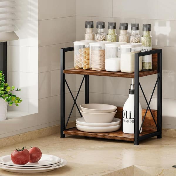 2 Tier Brown Vintage Spice Rack Organizer Kitchen Counter Shelf Wood Multi-functional Countertop Organizer