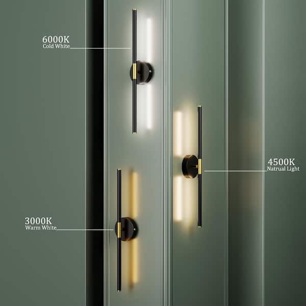 24 in. Modern Black Gold Rechargeable Battery Operated Wall Sconce 360° Rotatable LED Wall Light with Remote(Set of 2)